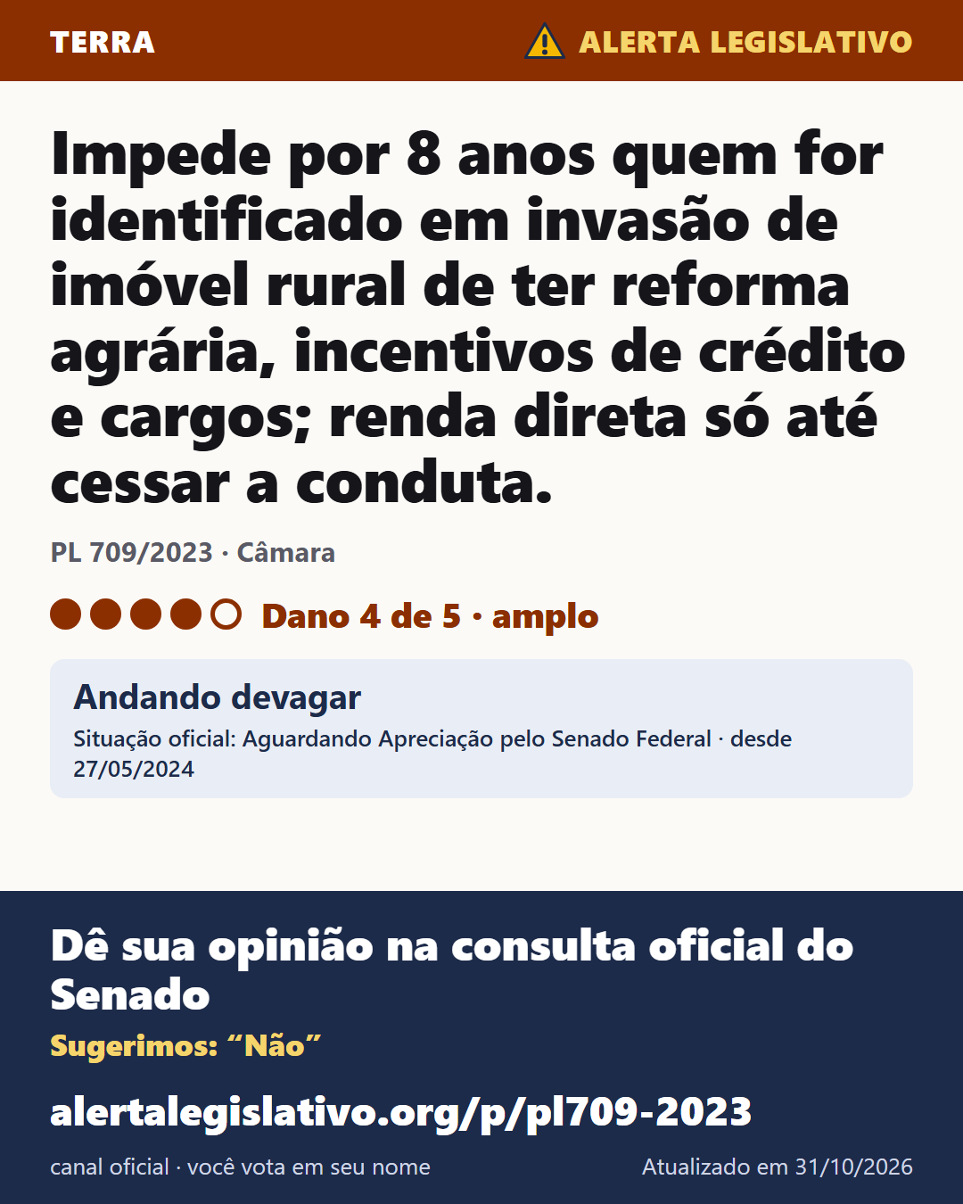 PL 709/2023 (Câmara): Impede por 8 anos quem for identificado em invasão de imóvel rural de ter reforma agrária, incentivos de crédito e cargos; renda direta só até cessar a conduta. Dano 4 de 5. Andando devagar. Dê sua opinião na consulta oficial do Senado: alertalegislativo.org/p/pl709-2023/