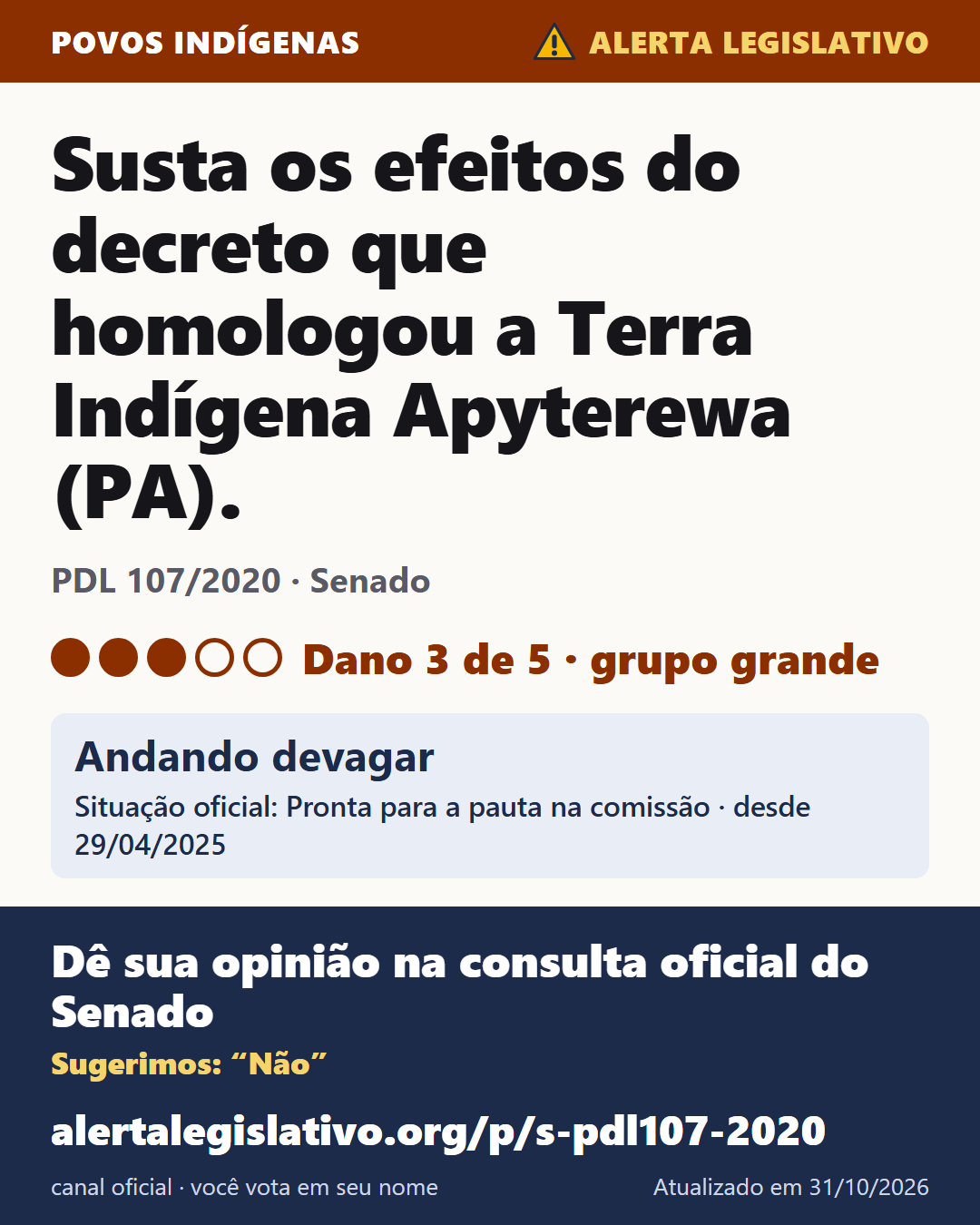 PDL 107/2020 (Senado): Susta os efeitos do decreto que homologou a Terra Indígena Apyterewa (PA). Dano 3 de 5. Andando devagar. Dê sua opinião na consulta oficial do Senado: alertalegislativo.org/p/s-pdl107-2020/