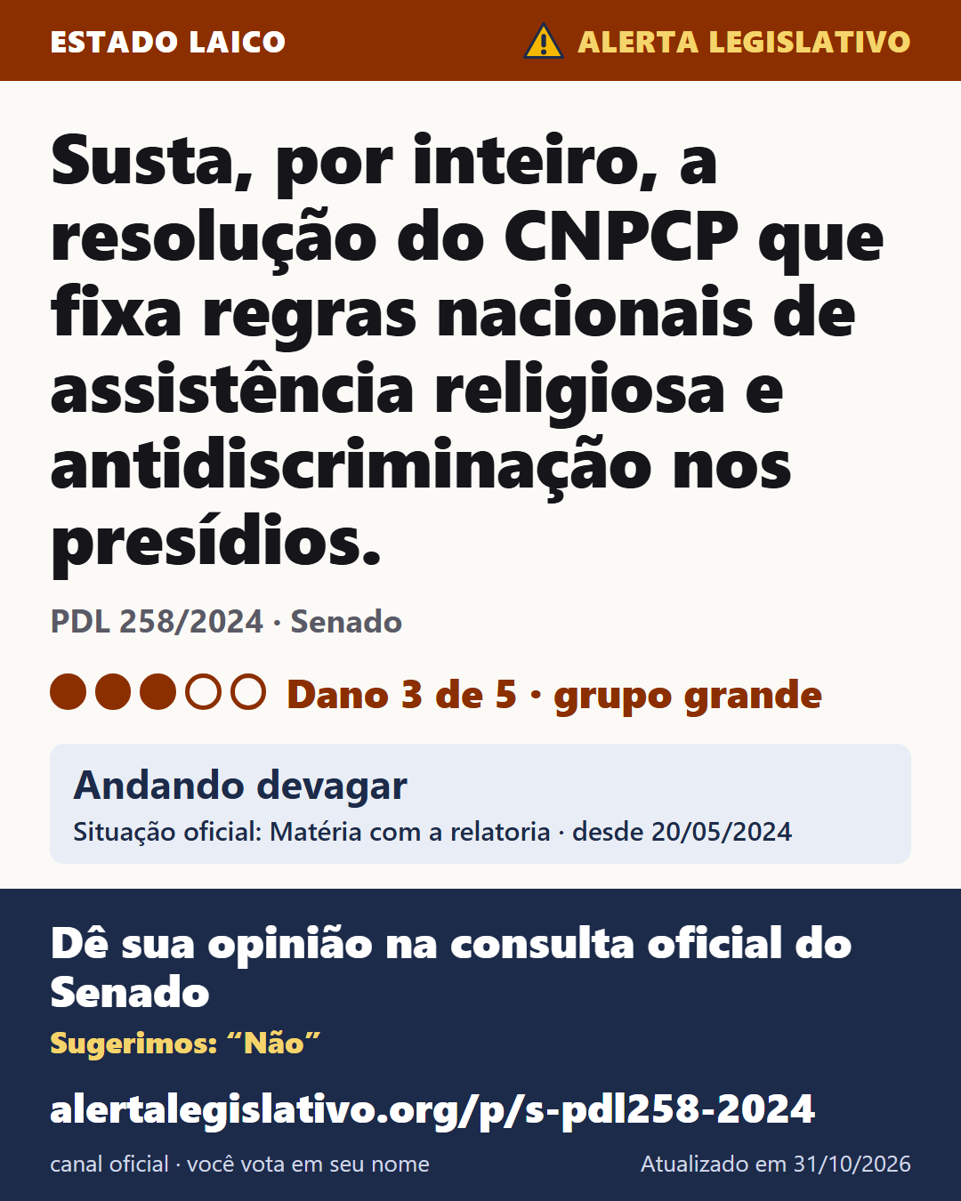 PDL 258/2024 (Senado): Susta, por inteiro, a resolução do CNPCP que fixa regras nacionais de assistência religiosa e antidiscriminação nos presídios. Dano 3 de 5. Andando devagar. Dê sua opinião na consulta oficial do Senado: alertalegislativo.org/p/s-pdl258-2024/