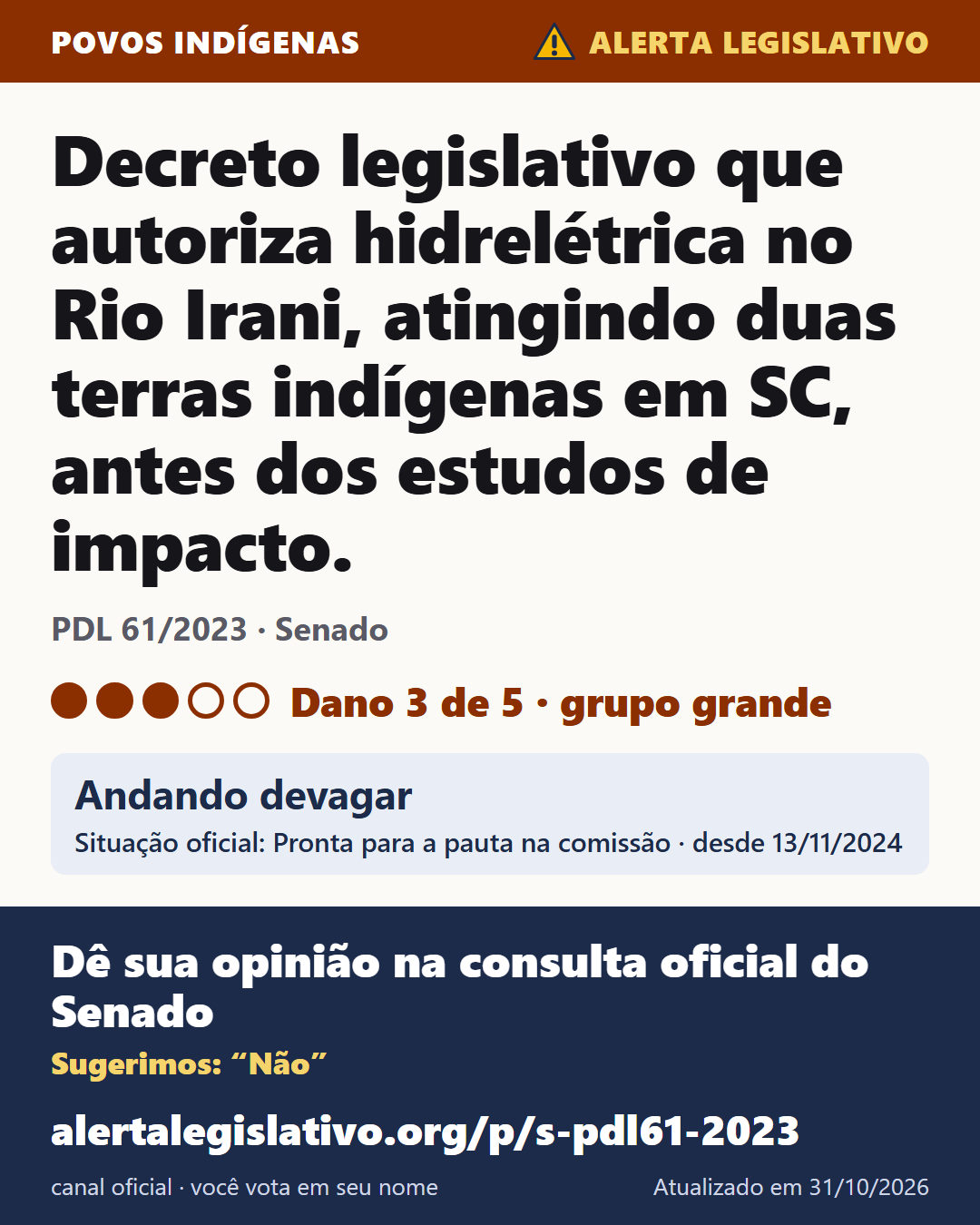 PDL 61/2023 (Senado): Decreto legislativo que autoriza hidrelétrica no Rio Irani, atingindo duas terras indígenas em SC, antes dos estudos de impacto. Dano 3 de 5. Andando devagar. Dê sua opinião na consulta oficial do Senado: alertalegislativo.org/p/s-pdl61-2023/