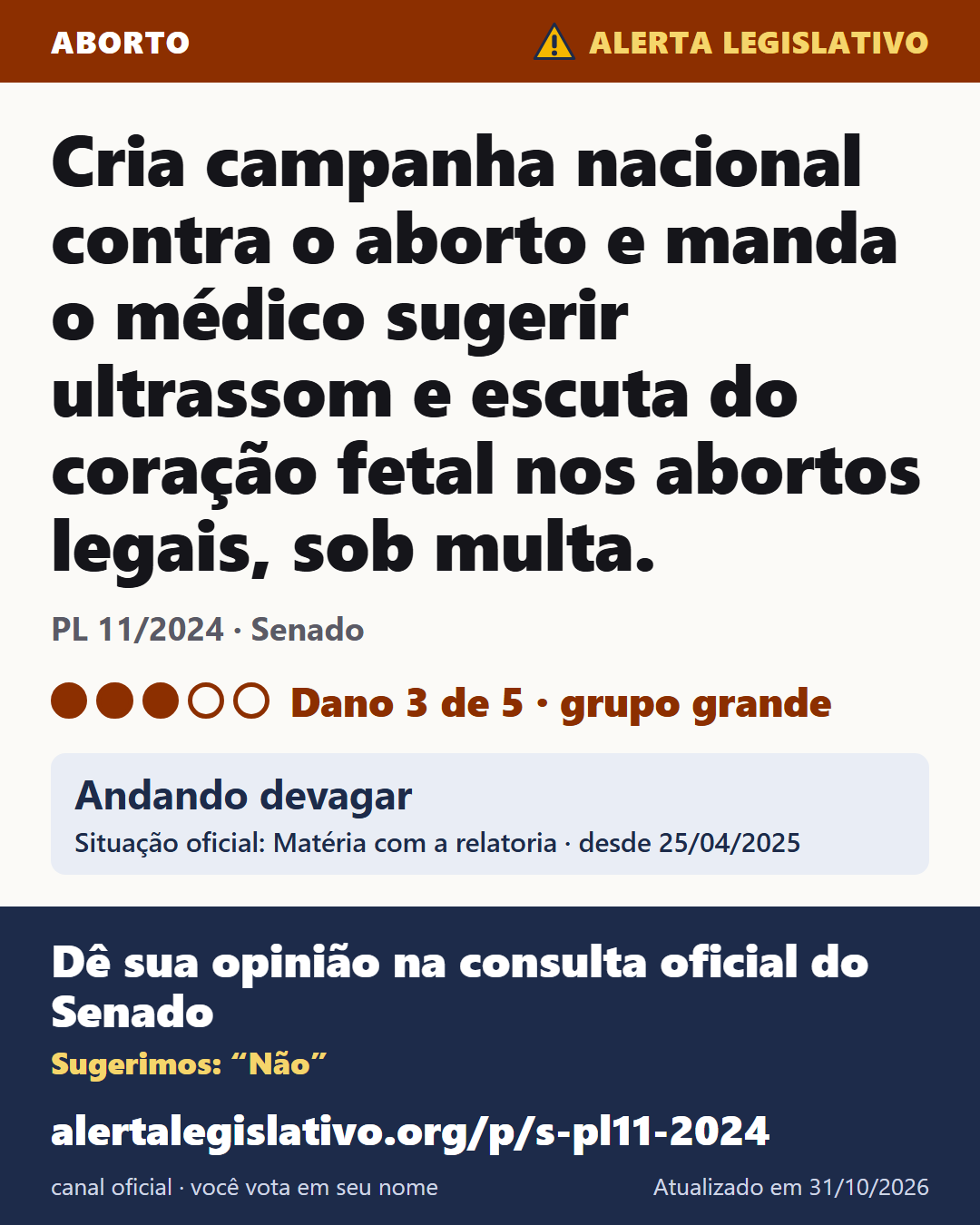 PL 11/2024 (Senado): Cria campanha nacional contra o aborto e manda o médico sugerir ultrassom e escuta do coração fetal nos abortos legais, sob multa. Dano 3 de 5. Andando devagar. Dê sua opinião na consulta oficial do Senado: alertalegislativo.org/p/s-pl11-2024/