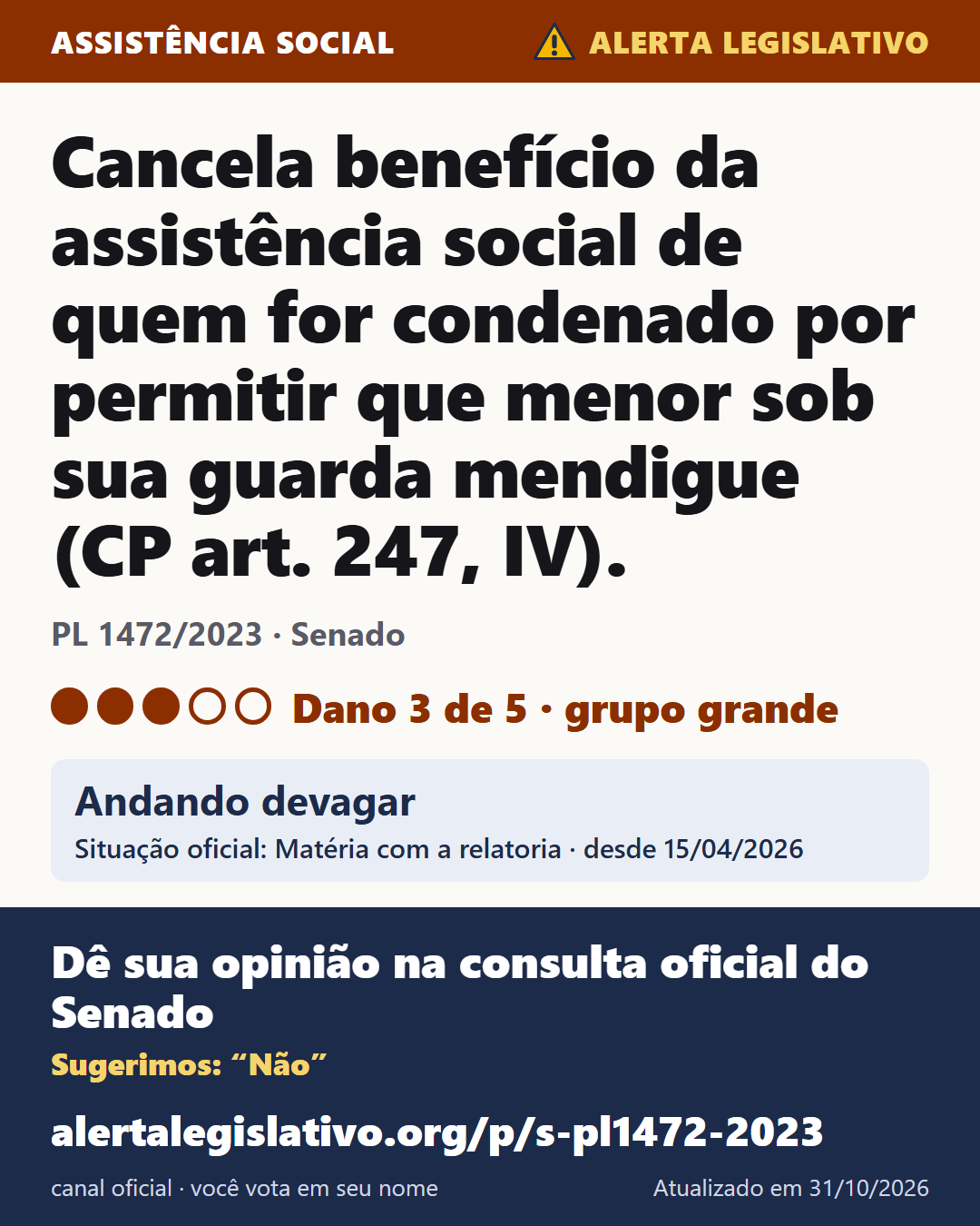 PL 1472/2023 (Senado): Cancela benefício da assistência social de quem for condenado por permitir que menor sob sua guarda mendigue (CP art. 247, IV). Dano 3 de 5. Andando devagar. Dê sua opinião na consulta oficial do Senado: alertalegislativo.org/p/s-pl1472-2023/