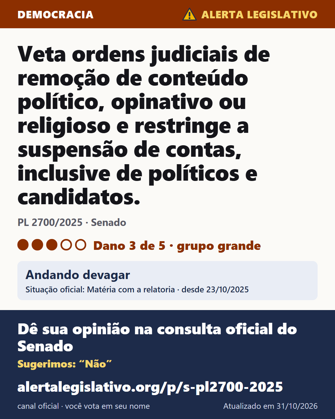 PL 2700/2025 (Senado): Veta ordens judiciais de remoção de conteúdo político, opinativo ou religioso e restringe a suspensão de contas, inclusive de políticos e candidatos. Dano 3 de 5. Andando devagar. Dê sua opinião na consulta oficial do Senado: alertalegislativo.org/p/s-pl2700-2025/