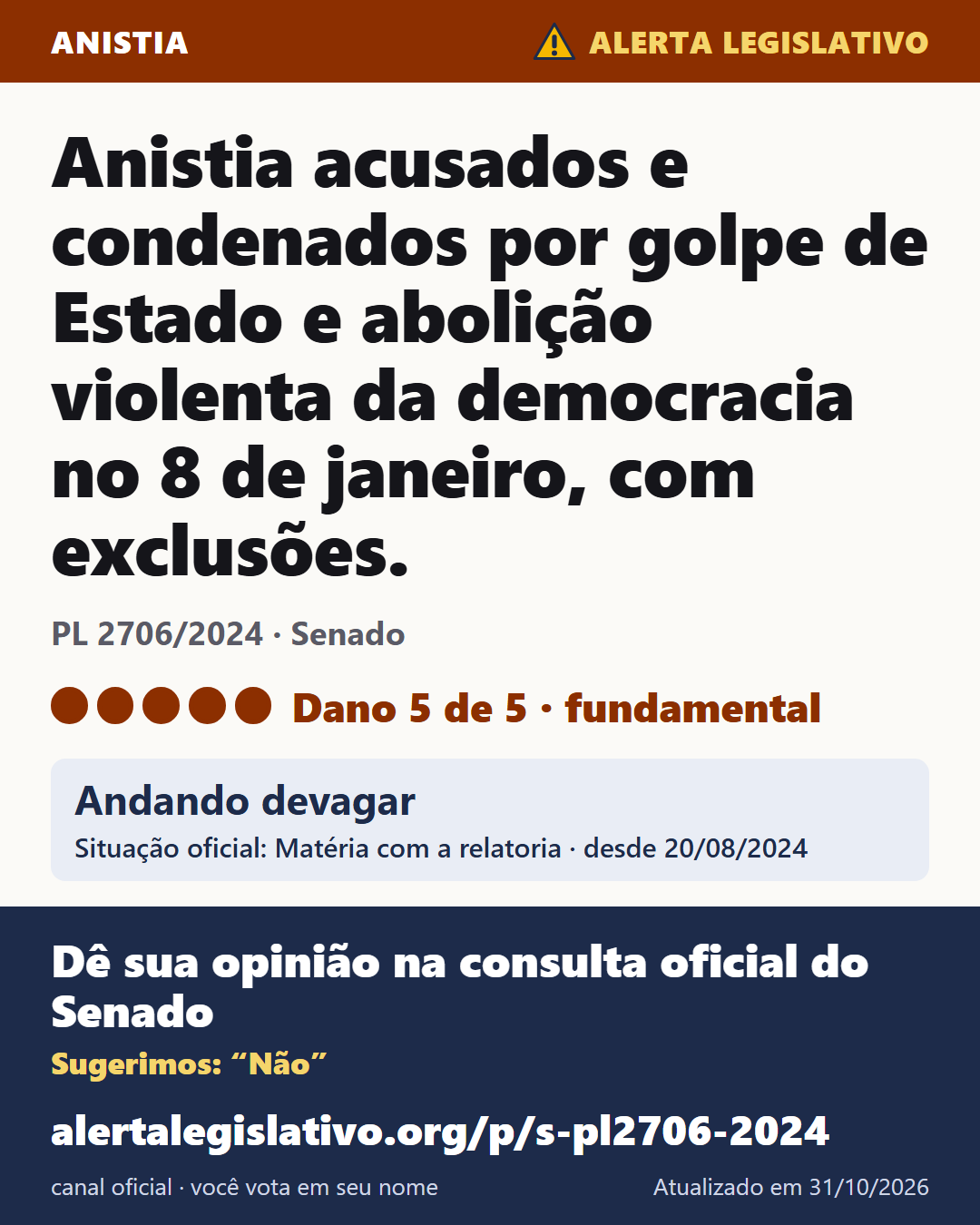 PL 2706/2024 (Senado): Anistia acusados e condenados por golpe de Estado e abolição violenta da democracia no 8 de janeiro, com exclusões. Dano 5 de 5. Andando devagar. Dê sua opinião na consulta oficial do Senado: alertalegislativo.org/p/s-pl2706-2024/