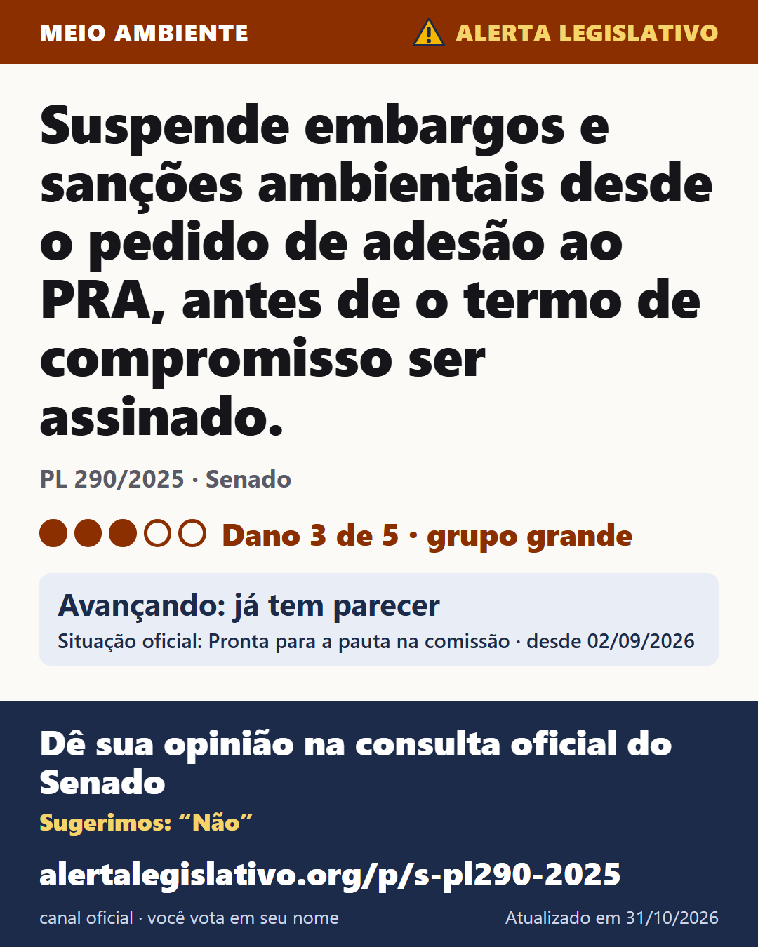 PL 290/2025 (Senado): Suspende embargos e sanções ambientais desde o pedido de adesão ao PRA, antes de o termo de compromisso ser assinado. Dano 3 de 5. Avançando: já tem parecer. Dê sua opinião na consulta oficial do Senado: alertalegislativo.org/p/s-pl290-2025/