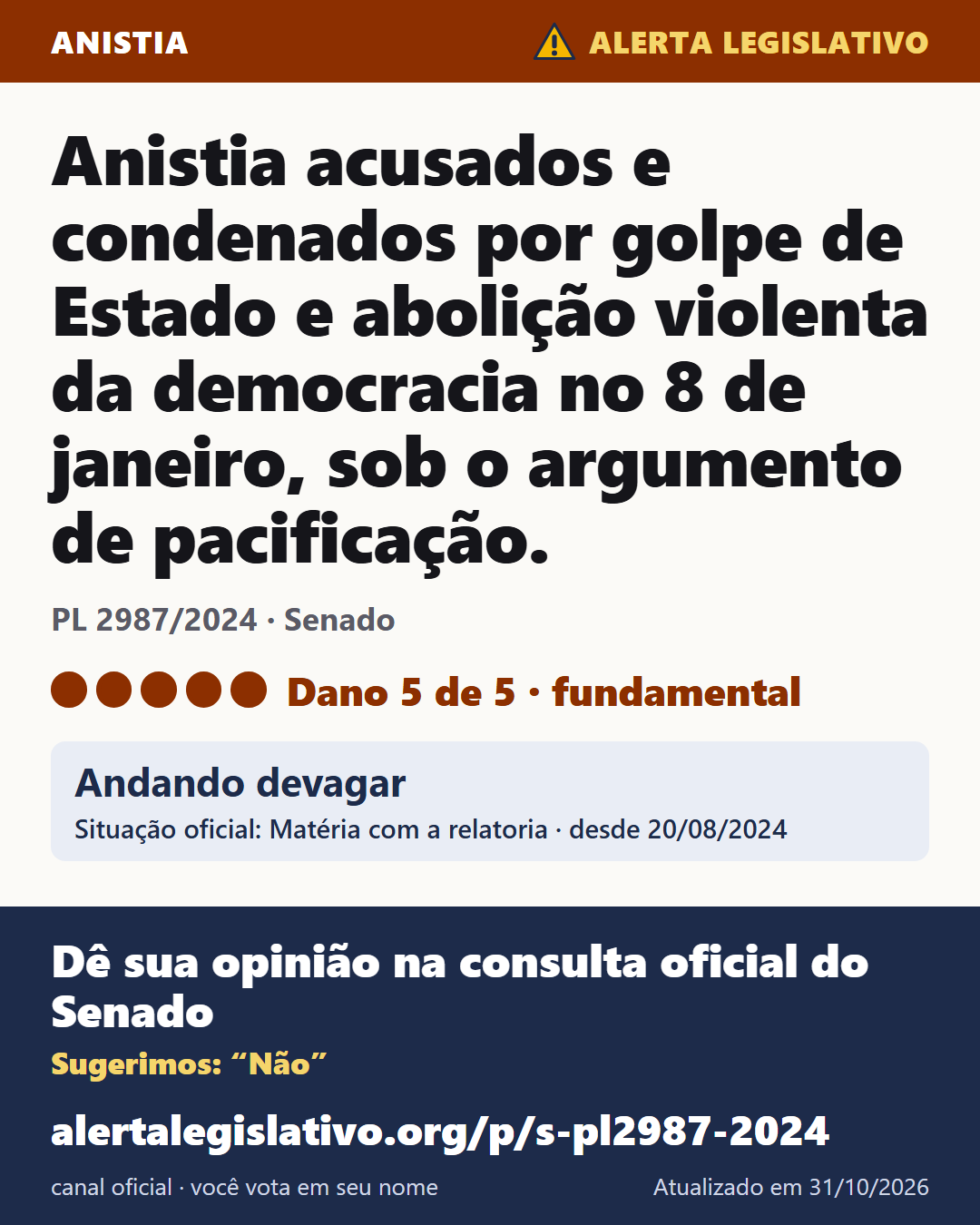 PL 2987/2024 (Senado): Anistia acusados e condenados por golpe de Estado e abolição violenta da democracia no 8 de janeiro, sob o argumento de pacificação. Dano 5 de 5. Andando devagar. Dê sua opinião na consulta oficial do Senado: alertalegislativo.org/p/s-pl2987-2024/