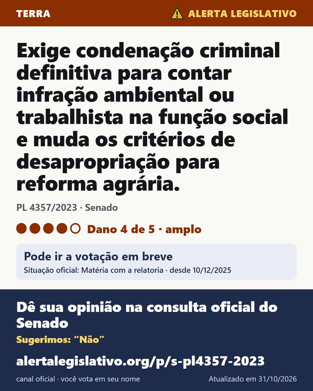 PL 4357/2023 (Senado): Exige condenação criminal definitiva para contar infração ambiental ou trabalhista na função social e muda os critérios de desapropriação para reforma agrária. Dano 4 de 5. Pode ir a votação em breve. Dê sua opinião na consulta oficial do Senado: alertalegislativo.org/p/s-pl4357-2023/