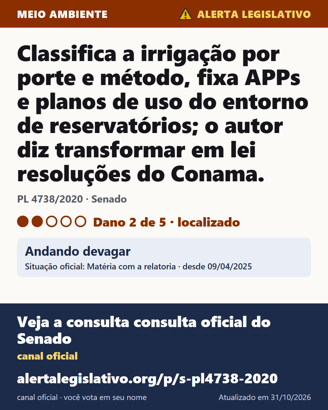 PL 4738/2020 (Senado): Classifica a irrigação por porte e método, fixa APPs e planos de uso do entorno de reservatórios; o autor diz transformar em lei resoluções do Conama. Dano 2 de 5. Andando devagar. Veja a consulta consulta oficial do Senado: alertalegislativo.org/p/s-pl4738-2020/