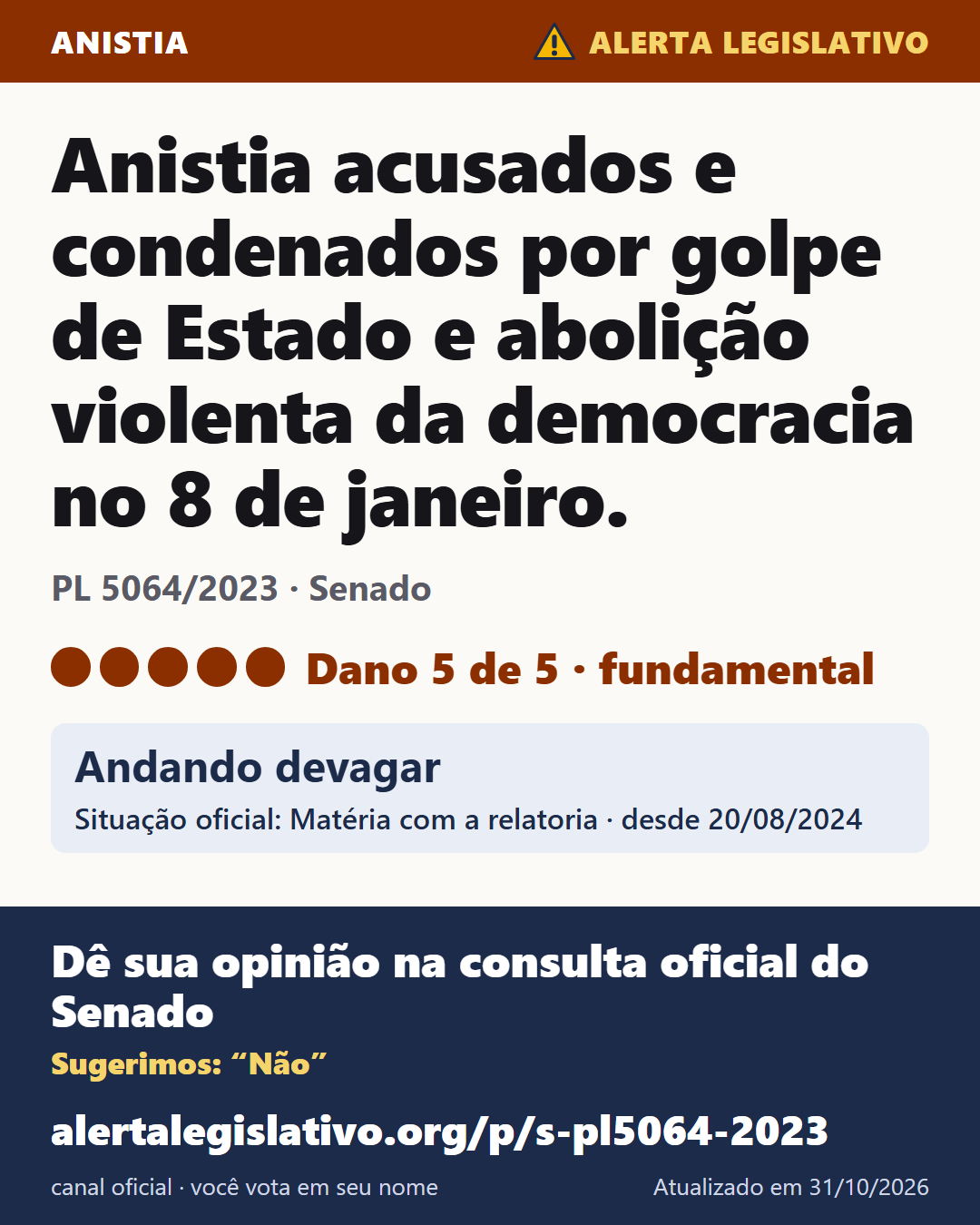PL 5064/2023 (Senado): Anistia acusados e condenados por golpe de Estado e abolição violenta da democracia no 8 de janeiro. Dano 5 de 5. Andando devagar. Dê sua opinião na consulta oficial do Senado: alertalegislativo.org/p/s-pl5064-2023/
