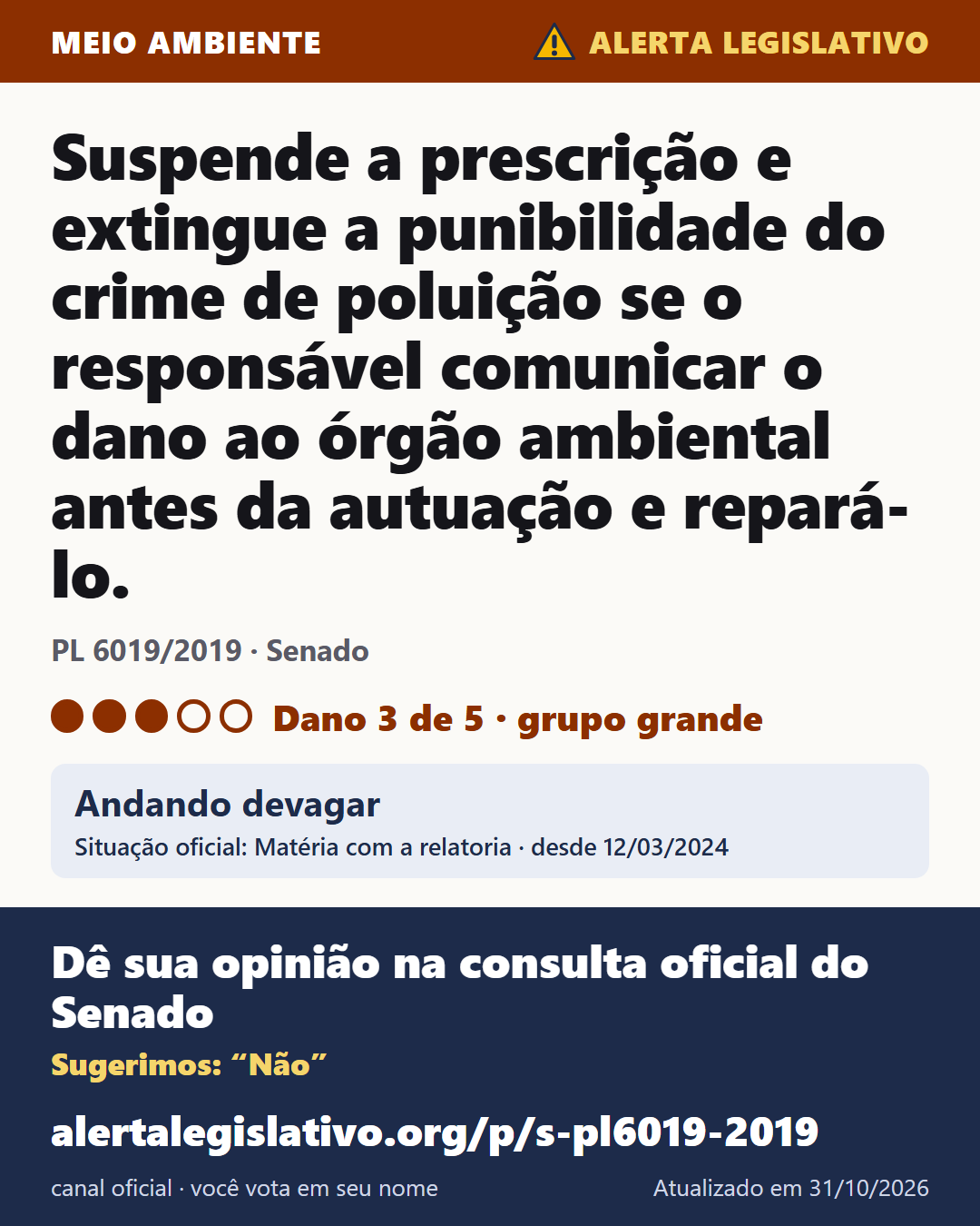 PL 6019/2019 (Senado): Suspende a prescrição e extingue a punibilidade do crime de poluição se o responsável comunicar o dano ao órgão ambiental antes da autuação e repará-lo. Dano 3 de 5. Andando devagar. Dê sua opinião na consulta oficial do Senado: alertalegislativo.org/p/s-pl6019-2019/